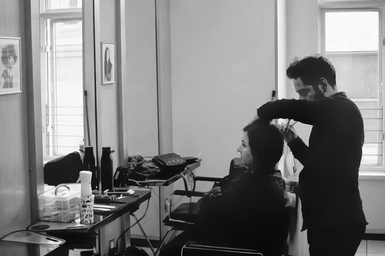 Michael Villareal cutting hair — Sassoon Academy graduate hairstylist